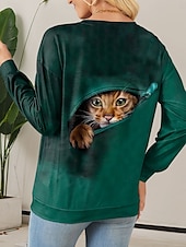 cheap Animals Tops-Women&#039;s Sweatshirt Cat Street Dailywear Zipper Print Casual Crew Neck Long Sleeve Micro-elastic Fall Winter Comfrt Breathable Soft Fabric