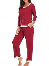 ieftine Seturi noapte pentru femei-set de pijamale de damă culoare pură casual confort acasă zilnic confort din bumbac cald cu gâtul turnat tricou cu mânecă lungă pantaloni talie elastică ținute de toamnă iarnă acasă