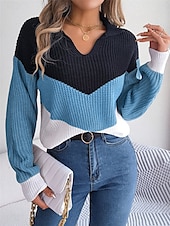 billige Grafiske mønstre og detaljer-Dame Genser Pullover genser Fritid Myk Fargeblokk Riflet V-hals Strikket Langermet Vanlige topper Strikke utendørs Daglig Helg Blå Kakifarget Høst Vinter