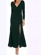billiga maxi svart klänning-Dam Maxiklänning Svart klänning Balklänning Ensfärgat Mode party Fest Delad Långärmad V-hals Klänning Normal ArmyGreen Svart Kungsblå Höst S M L XL XXL