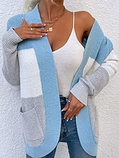 billige Åpen front cardigan-Dame Genser Kofte Fritid Myk Fargeblokk Riflet Åpen Forside Lomme Strikket Langermet Vanlige topper Strikke utendørs Daglig Helg Blå Kakifarget Høst Vinter