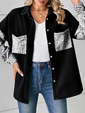 economico Giacche per camicie-Per donna Giacca di jeans Esterno Strada Da tutti i giorni Autunno Inverno Standard Cappotto Standard Traspirante Moda Informale Giacca Manica lunga Leopardo Con tasche Stampa Nero Bianco Blu