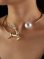 baratos Colar Feminino-conjunto de pulseira de rena dourada e gargantilha de pérolas para mulheres – joias festivas para mulheres, acessórios elegantes para festas de fim de ano