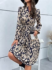 abordables Robes fleuries décontractées-robe midi à fleurs à col en V et manches longues pour femme printemps automne