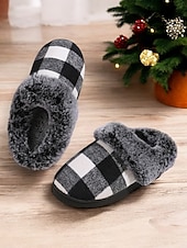 ieftine Flip-Flops de Damă-papuci de damă în carouri căptușiți cu lână - pantofi de casă roșii și negri, în carouri de bivol, cu guler de blană artificială pentru confortul iernii