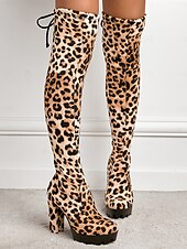 baratos Botas com salto-botas plataforma femininas acima do joelho com salto alto grosso e fecho de cordão, estilo sexy na altura da coxa para baladas e festas