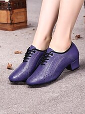 abordables Chaussures de danses latines-chaussures de danse en cuir perforé violet pour femmes - chaussures de jazz à lacets à talon bas pour danse de salon et danse latine