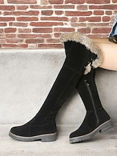 economico Stivali di neve e inverno-stivali da donna sopra il ginocchio in finta pelle scamosciata marrone con rifiniture in pelliccia sintetica: calzature invernali comode ed eleganti per un calore extra