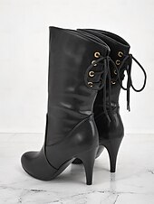 economico Stivali alla moda-stivali neri con lacci da donna con tacco a metà polpaccio - eleganti stivali a stiletto con punta affilata e dettaglio in pizzo laterale per outfit autunnali e invernali