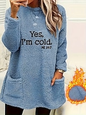 economico Maglie lunghe-pullover da donna in pile casual con lettere girocollo casual tasca stampa manica lunga blu autunno&amp;amp; inverno