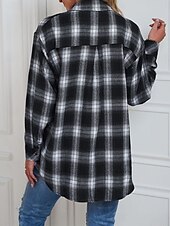 billiga Skjorta jackor-Dam Vardaglig jacka Utomhus Gata Dagliga kläder Höst Vinter Normal Täcka Normal Håller värmen Andningsfunktion Stylish Ledigt Jacka Långärmad Ränder och pläd Med fickor Mönster Svart Rubinrött Grön