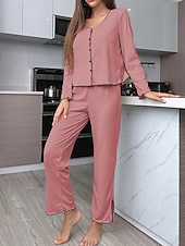 cheap Women&#039;s Sleepwear-Women&#039;s Pajama Set Pure Color Casual Comfort Home Daily Comfort Warm V Neck Long Sleeve T shirt Pant Button Up Elastic Waist Fall Winter Home Outfits