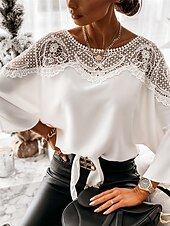 levne Oblečené topy-Dámské Košile Halenka Pevná barva Základní Na běžné nošení Dlouhý rukáv Netopýří rukávy Tričkový Běžné topy Denní Krajka Slátanina Černá Bílá Podzim Zima