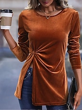billige Dressy topper-Dame Skjorte Bluse Helfarge Fritid Langermet Biskop Crew-hals Vanlige topper Daglig Tunika Brun Høst Vinter