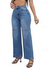 お買い得  ストレートレッグパンツ-女性用 標準 ジーンズ ストリートファッション スタイリッシュ 全長 ハイウエスト 純色 ポケット 快適 通気性 ソフト マイクロエラスティック ストリート 日常 ライトブルー ダークブルー 春 &amp; 秋 ルーズフィット
