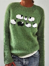 billige Grafiske mønstre og detaljer-Dame Genser Pullover genser Fritid Myk Dyr Riflet Crew-hals Strikket Langermet Vanlige topper Strikke utendørs Daglig Helg Grønn Mørkegrå Høst Vinter