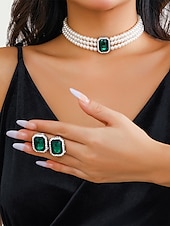 cheap Women&#039;s Necklace-Elegant Women&#039;s Pearl Choker Necklace Set with Green Gemstone and Matching Bracelet &amp; Earrings – Formal Occasion Jewelry