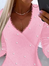 billige Kvinne Enkle Topper-dameblusegenser fuzzy rosa kant asymmetrisk langermet v-hals basic casual chic høst vinter