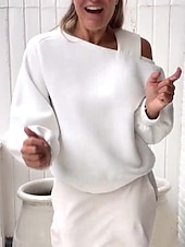 economico Top Semplici da Donna-felpa da donna casual semplice strada abbigliamento quotidiano scollo a V manica lunga nero bianco beige autunno inverno