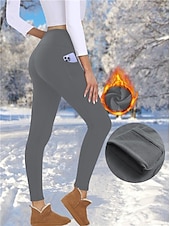 abordables Leggings et collants de yoga-Femmes Pantalon de yoga Leggings doublés en polaire Leggings de yoga avec Poche Téléphone Taille haute Pilates Entraînement en salle Entraînement Collants Couleur Unie Noir Rouge Bordeaux Bleu Marine