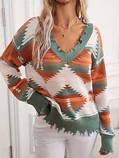 billige Grafiske mønstre og detaljer-Dame Genser Pullover genser Årgang Etnisk stil Fritid Geometrisk Riflet V-hals Strikket Langermet Vanlige topper Strikke utendørs Daglig Helg Marineblå Lilla Høst Vinter
