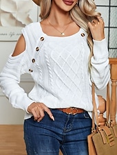 billige Solide farger-Dame Genser Pullover genser Fritid Myk Ren farge Kabel Crew-hals Knapper Strikket Kald skulder Langermet Vanlige topper Strikke utendørs Daglig Helg Hvit Fuksia Høst Vinter