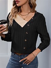 preiswerte Damen Arbeitsoberteile-Damen Hemd Bluse Feste Farbe Basic Brautkleider schlicht Langarm V Ausschnitt Normale Oberteile Täglich Patchwork Knopf Schwarz Herbst Winter