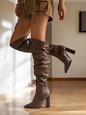 abordables Bottes souples-bottes souples marron au-dessus du genou pour femmes - talon épais, bout pointu, chaussures décontractées élégantes pour l&#039;automne et l&#039;hiver