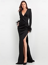 cheap BLACK-Black Dress Sheath Evening Gown Elegant Dress Tuxedo Dress Formal Floor Length Long Sleeve V Neck Pocket Stretch Crepe with Feather