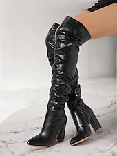 baratos Botas Slouch-botas femininas pretas largas acima do joelho – bico fino estiloso com salto bloco para moda de inverno e roupas de noite
