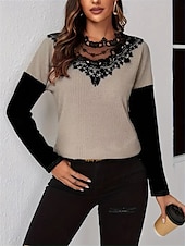 economico Top in Pizzo-Top in pizzo elegante da donna blusa all&#039;uncinetto moda moderna casual top semplici regolari maniche lunghe scollo rotondo vestibilità regolare abbigliamento quotidiano weekend romantico top petite