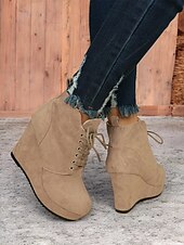 cheap Ankle Boots-Women&#039;s Faux Suede Wedge Ankle Boots with Lace-Up Design - Comfortable Platform Boots for Casual and Everyday Wear