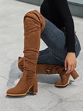 tanie Buty modowe-damskie zamszowe buty za kolano na klockowym obcasie – stylowy, luźny design z zapięciem na suwak, idealny na zimową modę