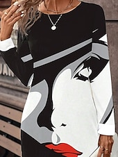 preiswerte Kunst &amp; Design Kleid-Damen Midikleid Sweatshirt-Kleid Winter Kleid Corsagenkleider Etuikleid Elegant Stilvoll Urlaub Party Strasse Regular Fit Abstrakt Langarm Rundhalsausschnitt Schwarz Sommer Herbst Winter