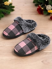 ieftine Flip-Flops de Damă-papuci de damă în carouri căptușiți cu lână - pantofi de casă roșii și negri, în carouri de bivol, cu guler de blană artificială pentru confortul iernii
