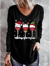 preiswerte Weihnachts-T-Shirts-Damen Bluse Langarm V-Ausschnitt Print Weihnachtsmannmütze Weingläser Urlaubs T-Shirt Schwarz Festlich Casual Party Top Bequem