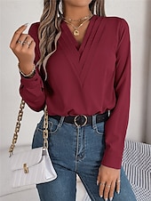 preiswerte Elegante Oberteile-Damen Hemd Bluse Feste Farbe Basic Brautkleider schlicht Langarm V Ausschnitt Normale Oberteile Täglich Weiß Rosa Wein Herbst Winter