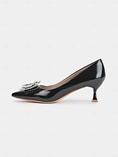 cheap Kitten Heels-Women&#039;s Black Patent Leather Pumps with Crystal Embellished Bow – Elegant Pointed-Toe Kitten Heels for Formal Events and Evening Wear