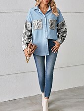 economico Giacche per camicie-Per donna Giacca di jeans Esterno Strada Da tutti i giorni Autunno Inverno Standard Cappotto Standard Traspirante Moda Informale Giacca Manica lunga Leopardo Con tasche Stampa Nero Bianco Blu