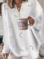 Women's  Sweater Pullover Fuzzy Jumper Crew Neck Ribbed Knit Zipper Knitted Print Fall Winter Daily Weekend Casual Soft Long Sleeve Graphic White4
