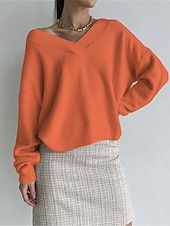 abordables Couleurs unies-Femmes Pull Occasionnel Doux Couleur Unie Côtelé Col en V Tricoté manche longue Hauts Réguliers Tricoter Extérieur Quotidien Week-end Noir Orange Automne Hiver