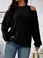 billiga Solida färger-Dam Tröja Pullover tröja Ledigt Mjukt Randig Ribbad Rund hals Stickat Kall axel Långärmad Vanliga toppar Sticka Utomhus Dagligen Helgen Svart Rubinrött Höst Vinter
