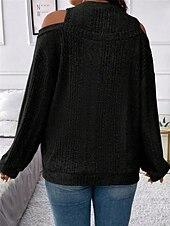 billiga Solida färger-Dam Tröja Pullover tröja Ledigt Mjukt Randig Ribbad Rund hals Stickat Kall axel Långärmad Vanliga toppar Sticka Utomhus Dagligen Helgen Svart Rubinrött Höst Vinter