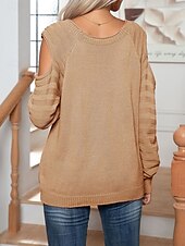 billige Solide farger-Dame Genser Pullover genser Fritid Myk Ren farge Kabel Crew-hals Knapper Strikket Kald skulder Langermet Vanlige topper Strikke utendørs Daglig Helg Hvit Fuksia Høst Vinter