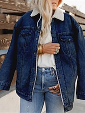 billige Puffer og Parka-Dame Fleece-jakke Teddyfrakk Denimjakker Hold Varm Pustende Lomme Fleece Lined Fritid عادي Feriereise Gate Dagligdagstøy Ut på byen Enkeltkneppet Normal Aftæpning Normal Langermet Yttertøy Svart Bl
