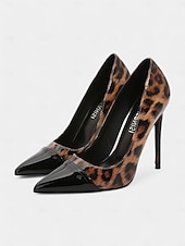 abordables Talons Aiguilles-talons aiguilles imprimé léopard pour femmes – escarpins à bout pointu en cuir verni rouge pour fêtes et événements nocturnes