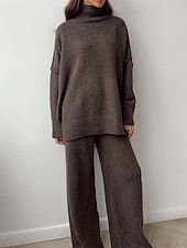 cheap Sweater Co-ords-Women&#039;s Sweater Co-ords Sweater Set Casual Soft Pure Color Ribbed Turtleneck Split Knitted Long Sleeve Regular Tops Knit Outdoor Daily Weekend Khaki Dark Gray Fall Winter