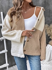 billiga Puffers &amp; Parka-Dam Fleece-jacka Teddyrock Håller värmen Andningsfunktion Ficka Fleecefodrad Ledigt Färgblock Semester Gata Dagliga kläder Utekväll Enkelknäppt Normal Nedvikt Normal Långärmad Ytterkläder Brun Höst