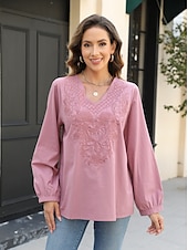 economico Camicie-Per donna Camicia Boho Camicie ispirate al lino Floreale Casual Manica Lunga Manica a Vescovo Scollo a V Top Regolari Vacanza Lavoro Quotidiano Ricamato Rosa Autunno Autunno &amp; Inverno