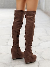 cheap Fashion Boots-Women&#039;s Brown Over-the-Knee Wedge Boots with Side Zipper – Faux Suede Texture and Comfortable Platform for Casual and Stylish Outfits